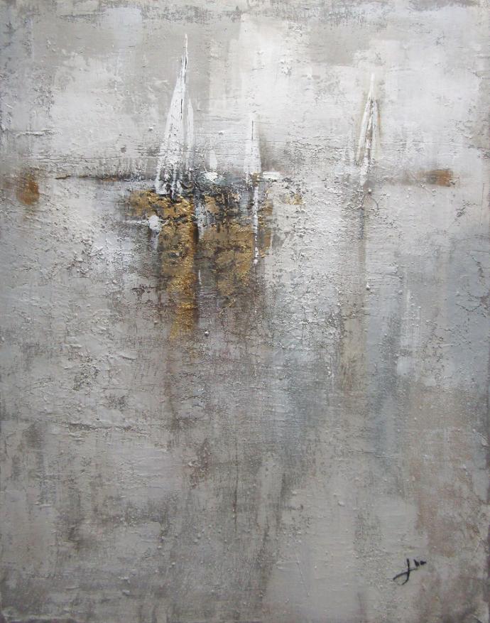 OIL ON CANVAS ABSTRACT GOLD GREY & WHITE 1200X1500MM