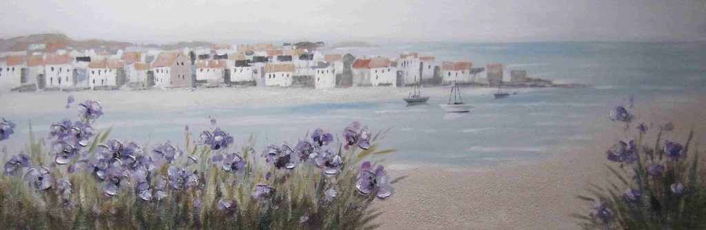[PXYW679] OIL ON CANVAS SEA HOUSES BOATS 500X1500MM