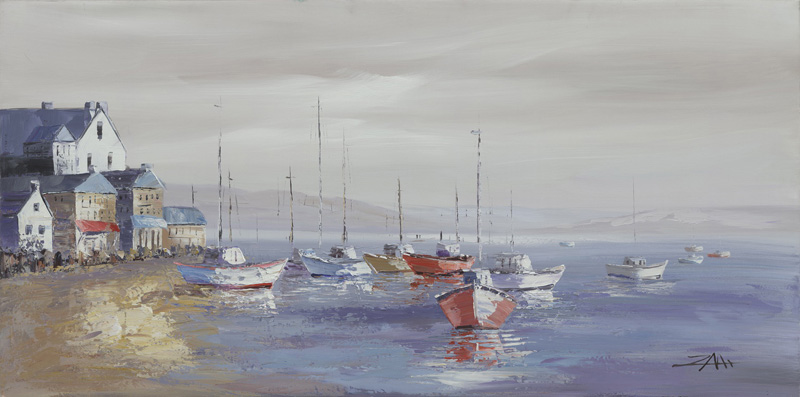 [PXYW550] Oil On Canvas Boat Harbour Scene 700X1400mm